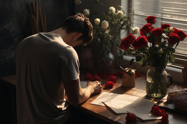 a man in love writes a love letter at the table Valentine's Day romance generative ai