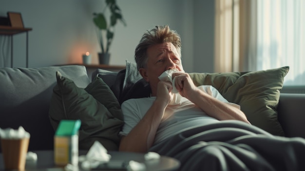 Photo man lying on a couch blowing his nose with a tissue appearing to be ill