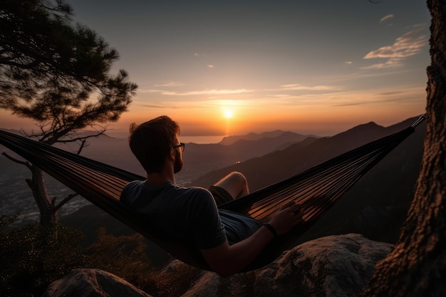 Man lying in a hammock back to the camera generative ai