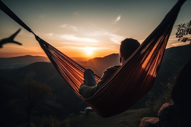 Man lying in a hammock back to the camera generative ai