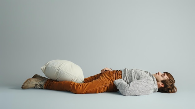 A man lying on his back on a gray floor with a pillow under his legs looking peaceful