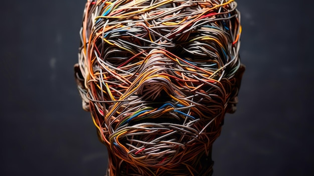 Man made of multicolored electronic wires Human wires