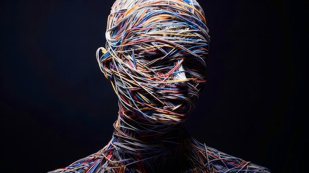 Man made of multicolored electronic wires Human wires