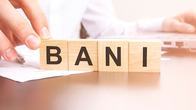 Man made text BANI with wood blocks on the background of the office table selective focus business concept