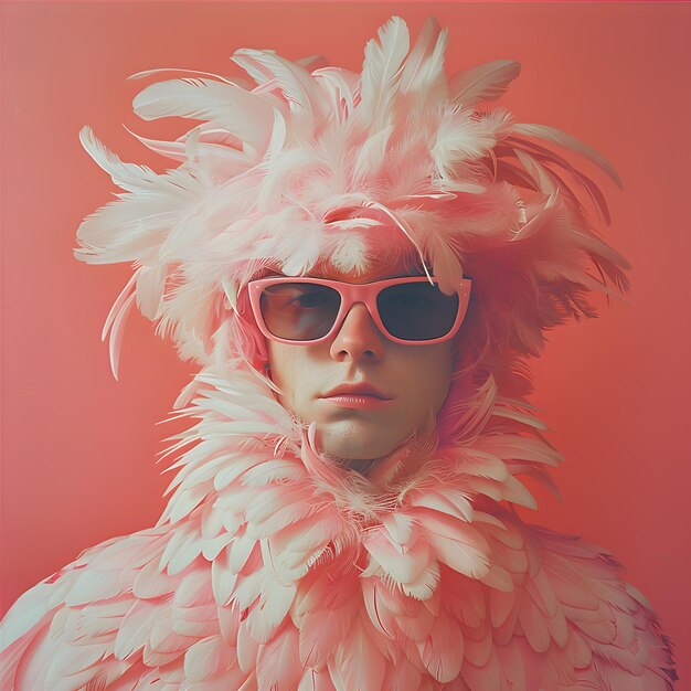 A man in magenta fur costume and sunglasses performing in entertainment event