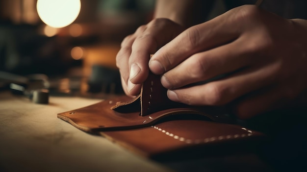 Man makes a leather wallet Generative AI