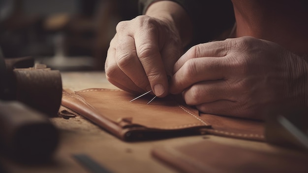 Man makes a leather wallet Generative AI