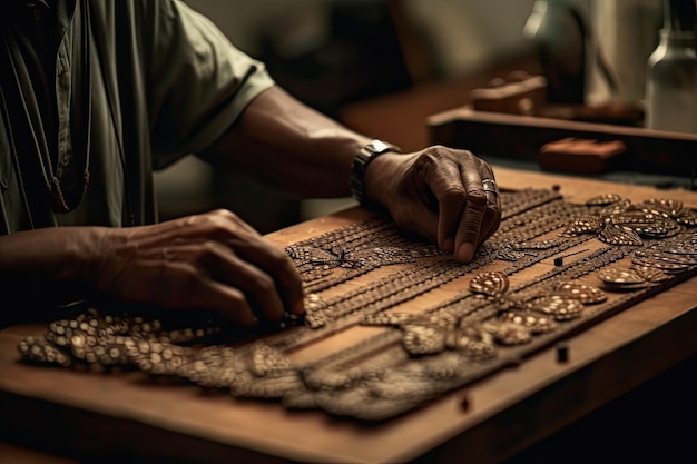 A man making jewelry on a wooden board with hands Generative Ai