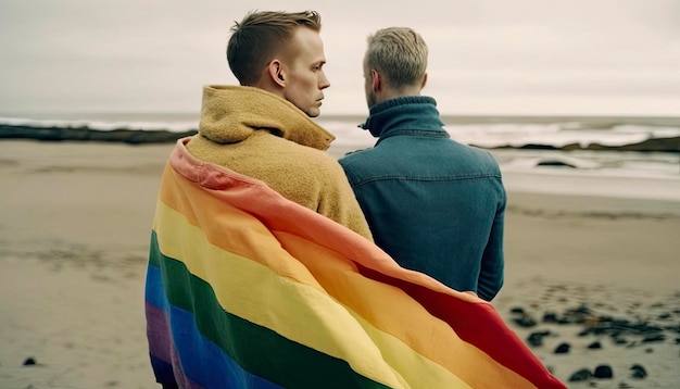 A man and a man stand on a beach with a rainbow blanket.