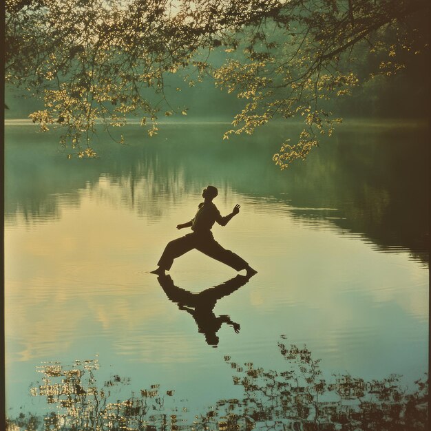 Photo a man in a martial arts pose silhouetted against a tranquil lake with his reflection mirrored in the water