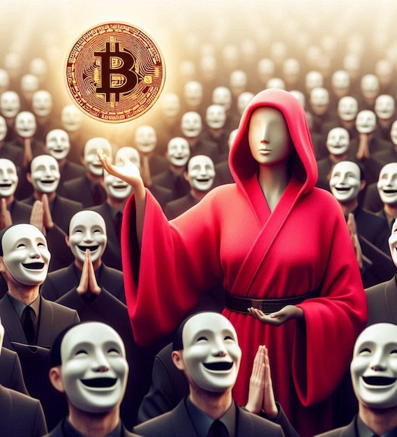 Photo a man in a mask holding a bitcoin coin