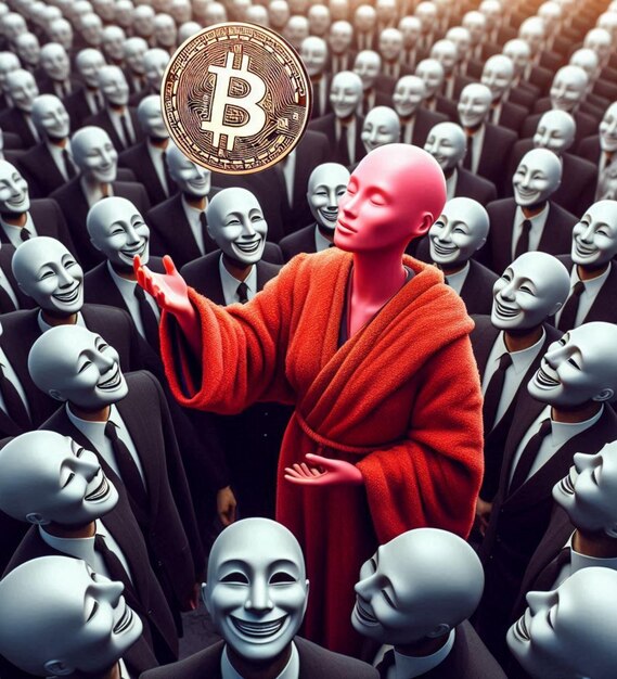 A man in a mask holding a Bitcoin coin