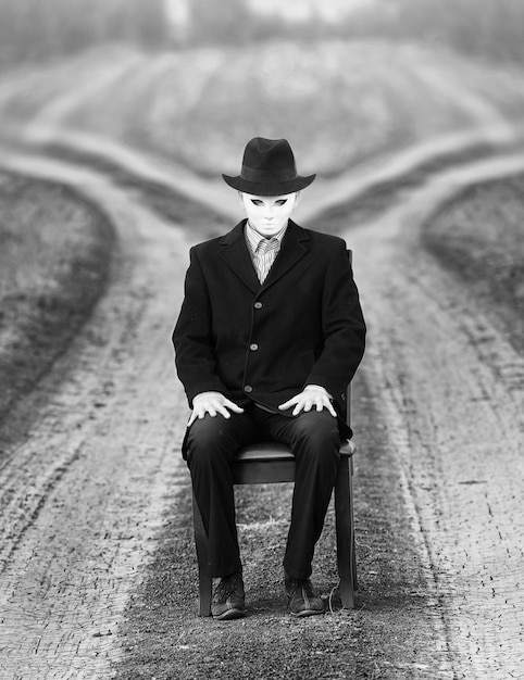 Man in the mask sitting on a chair in front of two roads