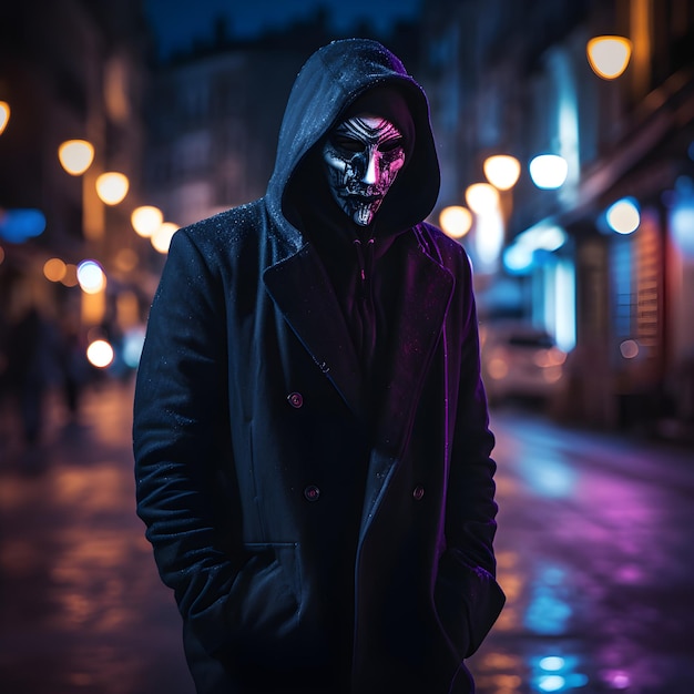 A man in a mask stands in the street in london.