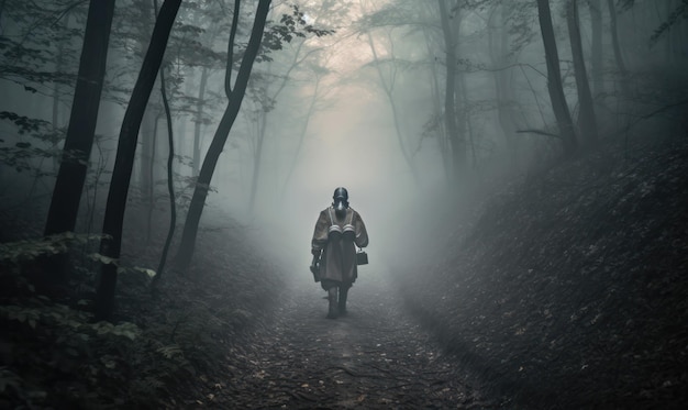 A man in a mask walks through a dark forest.