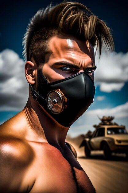 A man in a mask with the word mad max on it