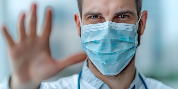 Photo man in medical mask signaling to halt with hand in front concept health and safety medical precautions stop gesture coronavirus awareness