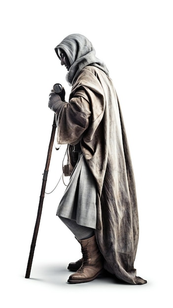 Man in a medieval costume with a cane isolated on a white background