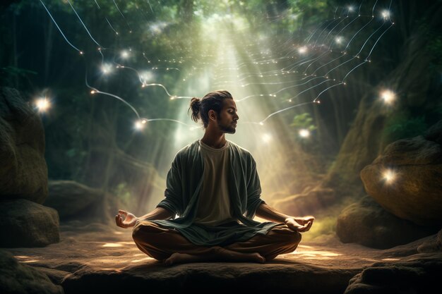 Man meditates amidst mystical lights in a tranquil forest