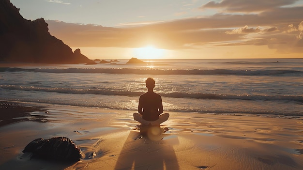 A man meditates on the beach as the sun sets