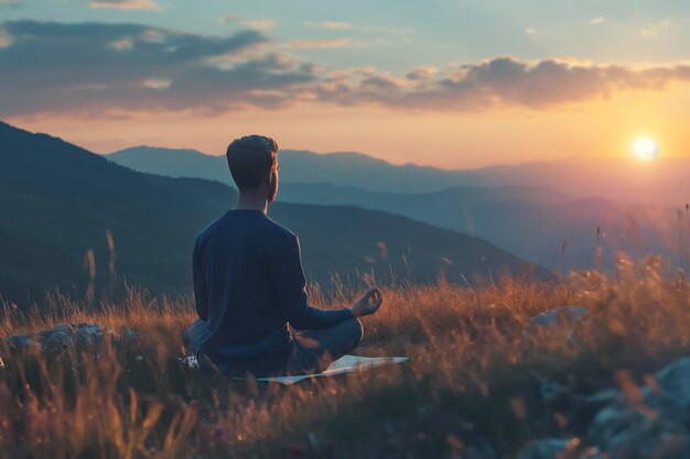 A man meditates and does yoga against the backdrop of mountains and sunset