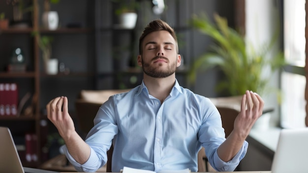 Photo a man meditates at his office desk with eyes closed and arms outspread