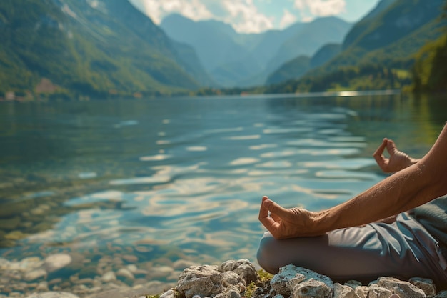 Photo man meditates in nature promoting travel and healthy lifestyle