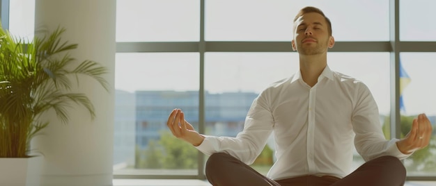 A man meditates in a sunlit office embodying peace and mindfulness amidst a busy work life