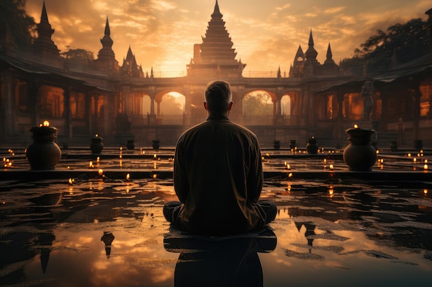 A Man Meditating Against A Majestic Historical Monument Generative AI