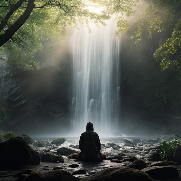 A man meditating alone in front of a waterfall