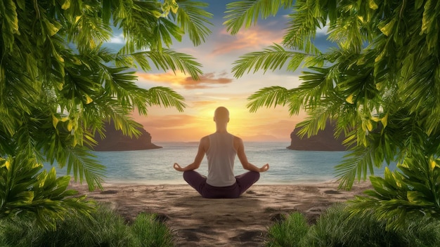 a man meditating on the beach with palm trees in the background