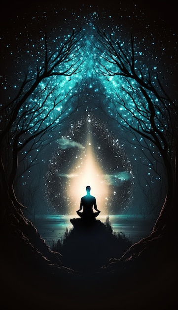 A man meditating in a forest with a glowing light in the middle.