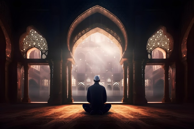 A man meditating in front of a mosque