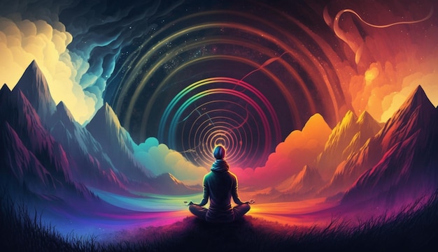 A man meditating in front of a rainbow and the words'meditation '