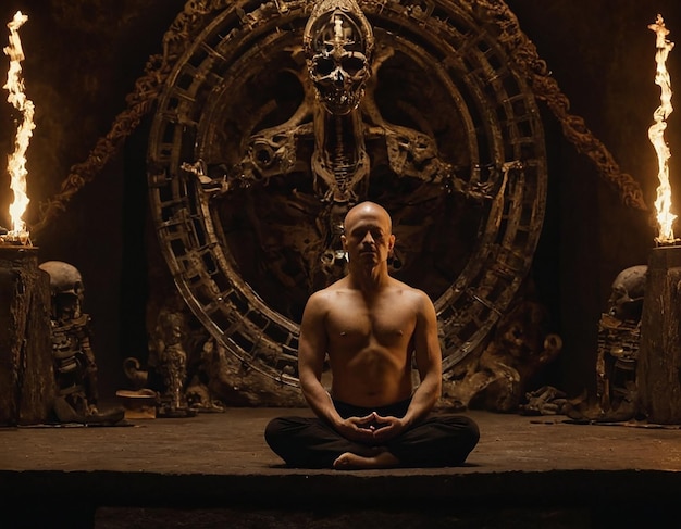 Man meditating in front of a rock formation