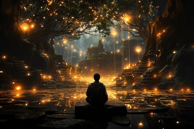 Man Meditating Under Glowing Tree