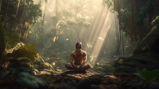 A man meditating in a jungle with the sun shining through the trees