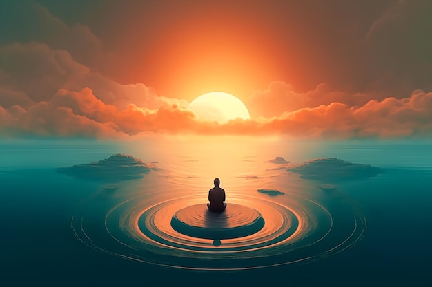 A man meditating on a lake with the sun setting behind him.