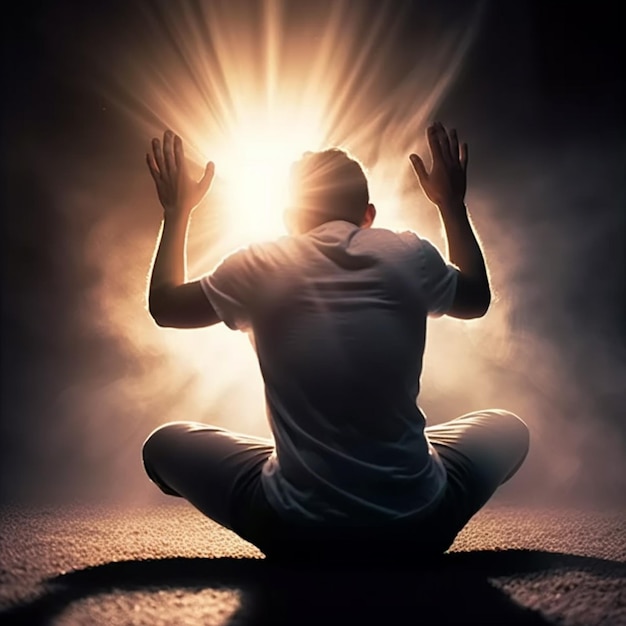 Man meditating in lotus position with rays of light on background spiritual connection