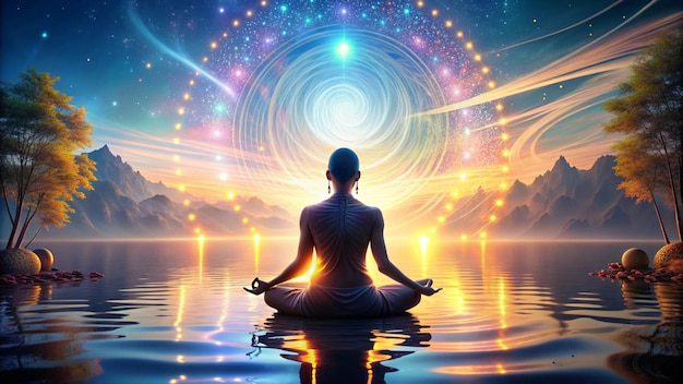 a man meditating in lotus position with a star in the sky