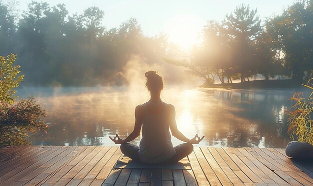 a man meditating in lotus position on a wooden dock with the sun behind him