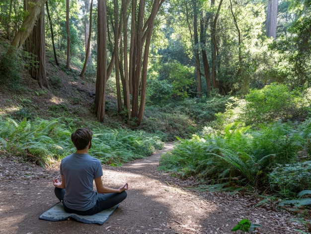 Photo man meditating in a lush forest