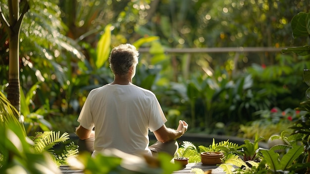 Photo man meditating in lush gardensustainable health regimen for personal wellness