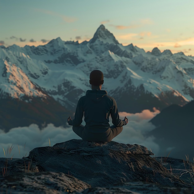 a man meditating on a mountain with the word  meditate  in front of him