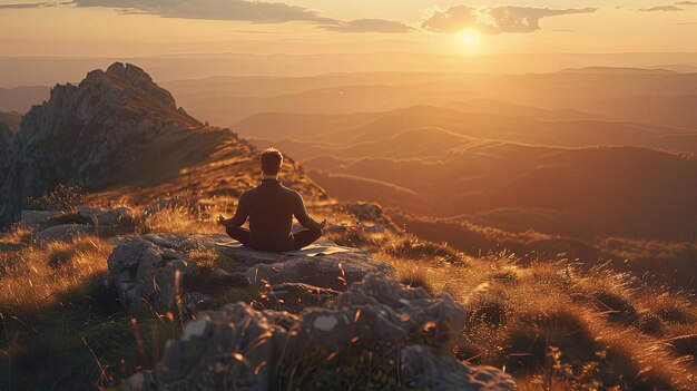 Man Meditating on a Mountaintop at Sunset