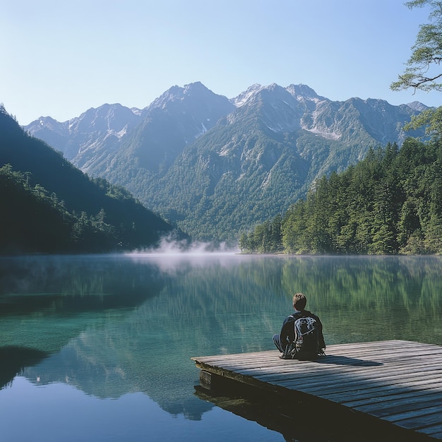 Photo man meditating in peaceful mountainous landscape