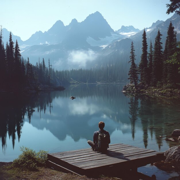 Photo man meditating in peaceful mountainous landscape