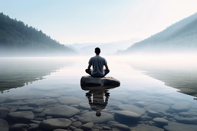 A man meditating on a rock in front of a mountain lake.