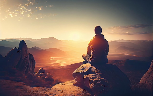 Man meditating at sunset mountains relaxation emotional concept harmony nature