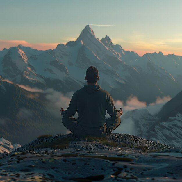 Photo a man meditating on top of a mountain with mountains in the background